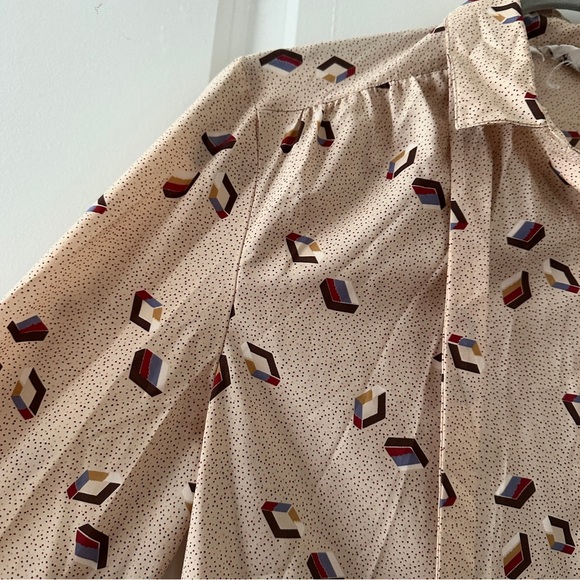 Vintage 80s Personal Beige Geometric Pattern Blouse Long Sleeves Women’s Size 12 - Picture 4 of 16